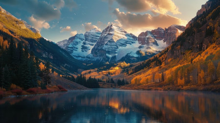 This breathtaking image captures majestic mountains mirrored in a tranquil lake during autumn at sunset, showcasing vibrant colors and serene nature.の素材