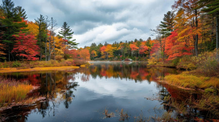 Enjoy a serene autumn landscape showcasing vibrant foliage reflecting on calm water while clouds gently drift overhead in a tranquil setting.の素材