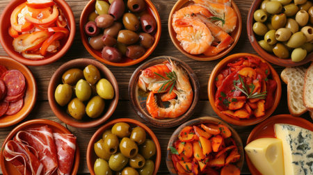 Explore a colorful array of Mediterranean appetizers presented in rustic bowls. This vibrant display features shrimp, olives, meats, and fresh herbs, perfect for gatherings.の素材