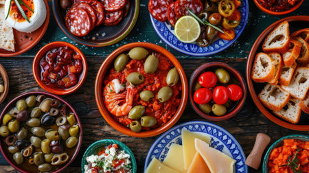 Indulge in a vibrant assortment of Mediterranean meze and tapas featuring olives, shrimp, cheese, salami, and fresh vegetables, perfect for sharing.の素材