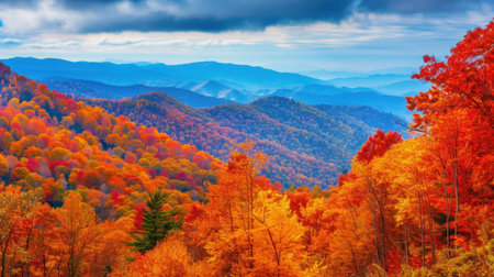 Experience the breathtaking beauty of a vibrant autumn landscape filled with colorful foliage, mountains, and a tranquil atmosphere. Ideal for nature enthusiasts.の素材