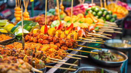 A lively street food stall showcasing an array of colorful skewers and fresh produce. The vibrant display invites food lovers to explore various local flavors.の素材