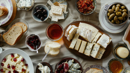 A beautiful arrangement of cheeses, olives, breads, and fruits on a rustic table setting, perfect for gatherings or gourmet experiences.の素材