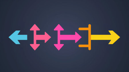 A vibrant illustration of colorful arrows indicating various directions, representing choices and movement. Ideal for concepts of navigation and decision-making.の素材