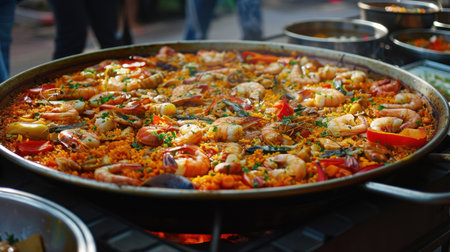 A colorful seafood paella being prepared in an outdoor market. The vibrant dish showcases an array of fresh shrimp and vegetables, inviting food lovers to indulge.の素材