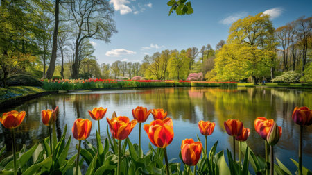 A picturesque scene featuring vibrant tulip flowers beside a serene lake during spring. The bright colors and clear reflections create a tranquil atmosphere in nature.の素材