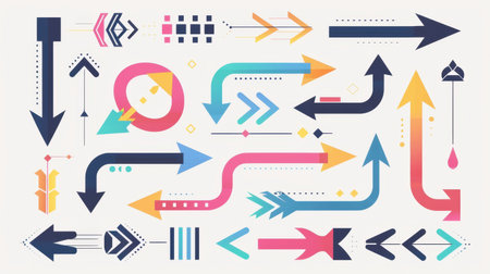 Vibrant collection of abstract arrows and shapes to inspire creativity in design. Perfect for illustration, web backgrounds, and marketing materials.の素材