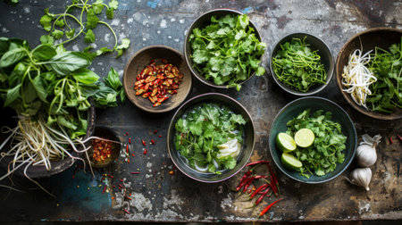 A vibrant collection of fresh herbs and spices arranged artistically on a rustic wooden table. Ideal for cooking, culinary presentations, or food photography.の素材