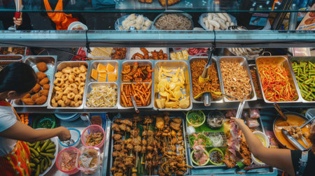 Explore the lively atmosphere of a street food market showcasing an array of delicious dishes. Experience bold flavors and local culinary traditions.の素材