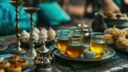 An inviting display of traditional Middle Eastern tea with ornate cups, sweet treats, and decorative elements on an elegant table, perfect for gatherings.の素材