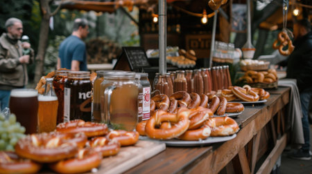 A bustling outdoor market stall offering a variety of freshly baked pretzels and drinks, creating a warm, inviting atmosphere perfect for gatherings.の素材