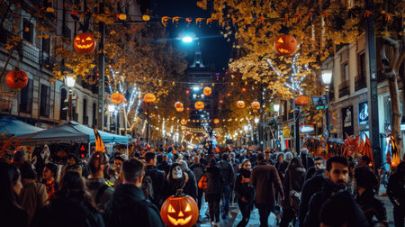 A lively Halloween celebration featuring street decorations, pumpkins, and joyful crowds. The night comes alive with lights and festive spirit, capturing autumn vibes.の素材