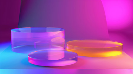 Colorful geometric shapes emerge in vivid lighting, creating an abstract design perfect for backgrounds in modern art projects. The smooth textures and reflections enhance visual appeal.の素材