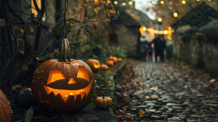 A glowing jack-o'-lantern rests on a cobblestone pathway surrounded by autumn leaves and twinkling lanterns, creating a spooky yet festive Halloween atmosphere.の素材