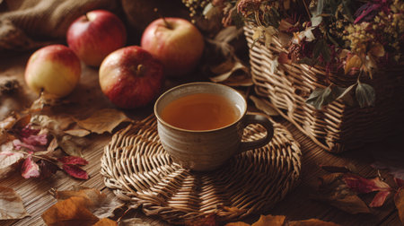 A serene autumn setting featuring a warm cup of tea, fresh apples, and scattered dried leaves. This cozy arrangement evokes feelings of comfort and seasonal beauty.の素材