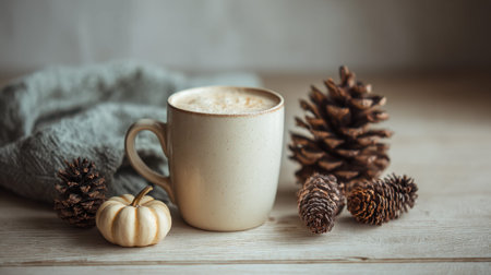 Enjoy a cozy autumn scene featuring a warm coffee cup, pinecones, and a small pumpkin. Perfect for seasonal decor and lifestyle inspiration.の素材