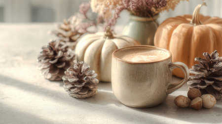 A cozy autumn scene featuring a warm cup of coffee alongside decorative pumpkins and pine cones. Ideal for fall themes and seasonal warmth.の素材