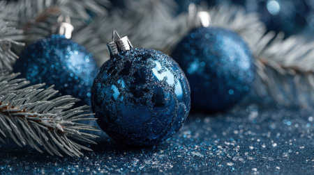 A beautiful arrangement of sparkling blue Christmas ornaments nestled among silver pine branches. The festive backdrop creates a warm holiday atmosphere perfect for seasonal celebrations.の素材