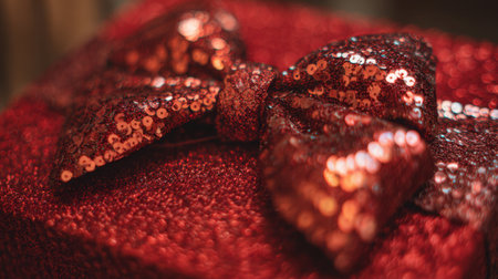 This close-up image features a vibrant red gift box adorned with a shimmering sequin bow, perfect for capturing the essence of celebration and elegance.の素材
