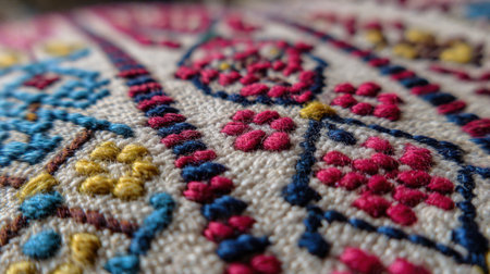 Close-up view of a colorful embroidery pattern featuring intricate details and vibrant threads on textured fabric, showcasing handmade artistry and craftsmanship.の素材