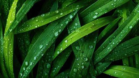 This image showcases fresh green leaves adorned with glistening water droplets, creating a calming and vibrant atmosphere. Perfect for nature and environmental themes.の素材