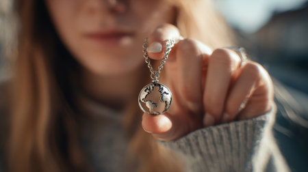 A woman showcases a beautiful silver earth pendant necklace, capturing the essence of adventure and connection. The soft lighting enhances the intimate moment.の素材