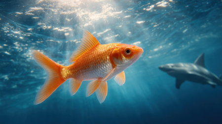 A vibrant goldfish swims gracefully in crystal clear ocean waters under dappled sunlight. This serene scene captures the beauty of aquatic life and highlights the contrast between the colorful fish and the deep blue surroundings.の素材