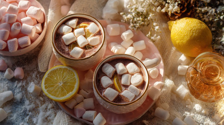 Indulge in a cozy moment with hot chocolate topped with marshmallows and a lemon slice, surrounded by soft textures and seasonal decor.の素材