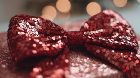 A close-up of a beautifully wrapped gift box featuring a sparkling red sequin bow. The soft focus background adds to the festive atmosphere, perfect for celebrations.の素材