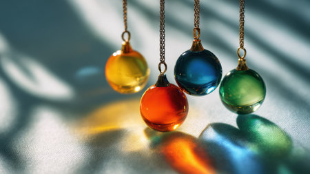 Four colorful glass orbs hang gracefully on chains, creating a stunning visual display with vibrant reflections and mesmerizing shadows on the surface.の素材