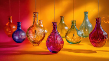 A stunning arrangement of colorful glass vases gracefully hanging against a bright orange and pink backdrop. The interplay of light and shadow creates a vibrant visual effect.の素材