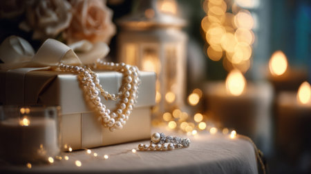 A beautifully arranged gift with pearls, surrounded by soft candlelight and flowers. This enchanting scene evokes warmth and elegance, perfect for special occasions.の素材