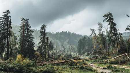 A captivating forest landscape showcasing fallen trees after a storm, with dramatic clouds and a touch of tranquility, perfect for highlighting nature's resilience.の素材