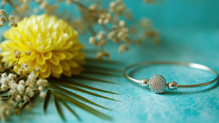 A beautifully designed silver bracelet rests beside a vibrant flower, creating an enchanting display. This image captures the essence of elegance and charm.の素材