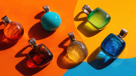 A stunning collection of colorful glass pendants elegantly arranged on a vibrant background. Perfect for showcasing creativity and craftsmanship in jewelry design.の素材