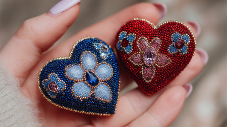 A pair of exquisite handcrafted heart-shaped brooches in blue and red featuring intricate floral designs, perfect for adding elegance to any outfit.の素材
