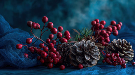 A captivating still life featuring pinecones and vibrant red berries on a rich blue backdrop, evoking a festive and cozy atmosphere perfect for seasonal decor.の素材