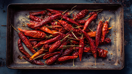 A stunning collection of dried red chili peppers on a metal tray, showcasing vibrant colors and textures ideal for culinary use or decorative display in any kitchen setting.の素材