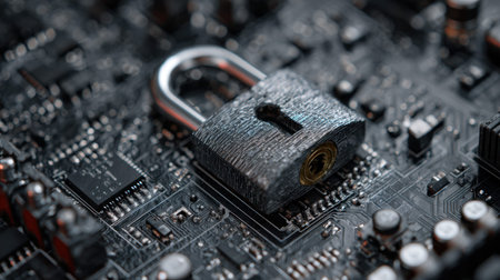A close-up image of a locked padlock on a computer circuit board symbolizing the importance of security and data protection in technology.の素材