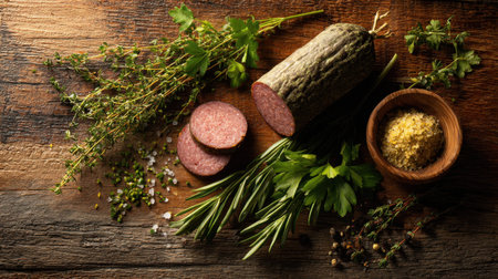A beautiful arrangement of fresh herbs and sliced meat on a rustic wooden table. Perfect for culinary artistry and showcasing delightful flavors in cooking.の素材