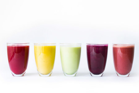 Mixed Rainbow Coloured Fruit Juice Smoothies in Glassの写真素材