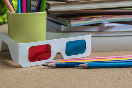 school supplies and 3D glasses
