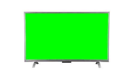 Curved silver television with green screen isolated on whiteの写真素材