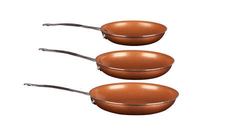 Set of three copper frying pans isolated on whiteの写真素材
