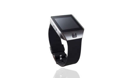 A metallic gray smartwatch isolated on whiteの写真素材