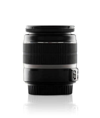 Black lens of a reflex camera isolated on whiteの写真素材