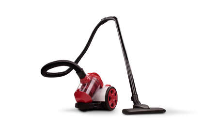 Red vacuum cleaner isolated on whiteの写真素材