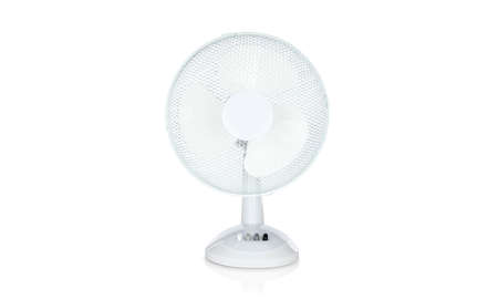 front view of a white table fan on white backgroundの写真素材