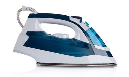 white and blue steam iron on white backgroundの写真素材