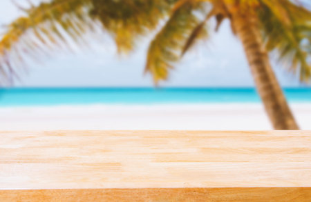 wooden plank with background on the beachの写真素材